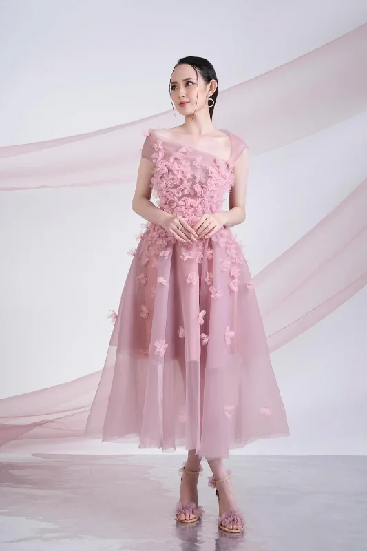 "Off - shoulder dresses for women to show off collarbones"Cynna Fit and Flare Asymmetric Organza Midi Dress