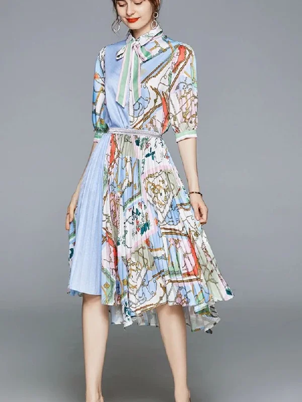 "Sustainable and eco - friendly women's dresses"Dee Bow Tie Short Sleeve Dress Set - Blue Print "Sustainable and eco - friendly women's dresses"Dee Bow Tie Short Sleeve Dress Set - Blue Print