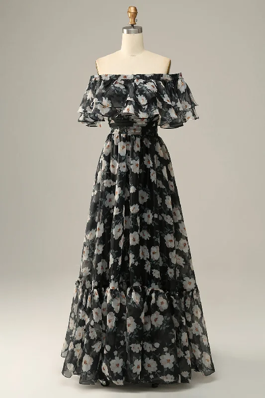 "Beach wedding dresses for women for a laid - back ceremony"Detachable Strapless Black Flower Off The Shoulder Prom Dress "Beach wedding dresses for women for a laid - back ceremony"Detachable Strapless Black Flower Off The Shoulder Prom Dress