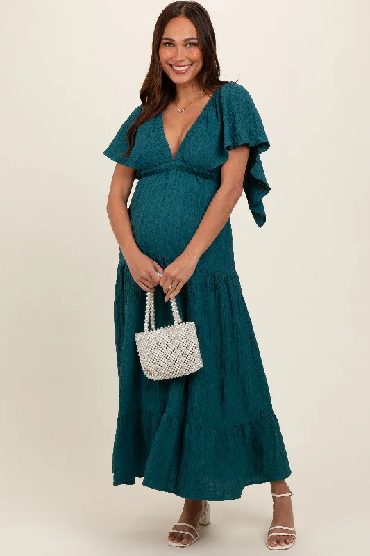 "Mother of the bride dresses for women in elegant styles"Emerald Deep V-Neck Flutter Sleeve Tiered Maternity Midi Dress "Mother of the bride dresses for women in elegant styles"Emerald Deep V-Neck Flutter Sleeve Tiered Maternity Midi Dress