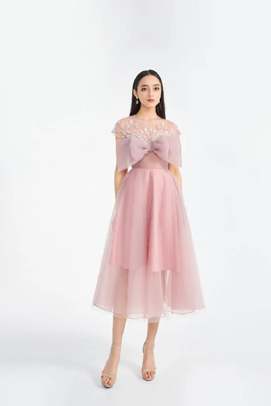 "A - line dresses for women to flatter the figure"Farah Fit and Flare Bow Tie Organza Midi Dress