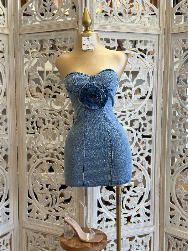 "Red dresses for women to make a bold statement"Flower Detail Denim Mini Dress- Slightly Stretchy "Red dresses for women to make a bold statement"Flower Detail Denim Mini Dress- Slightly Stretchy
