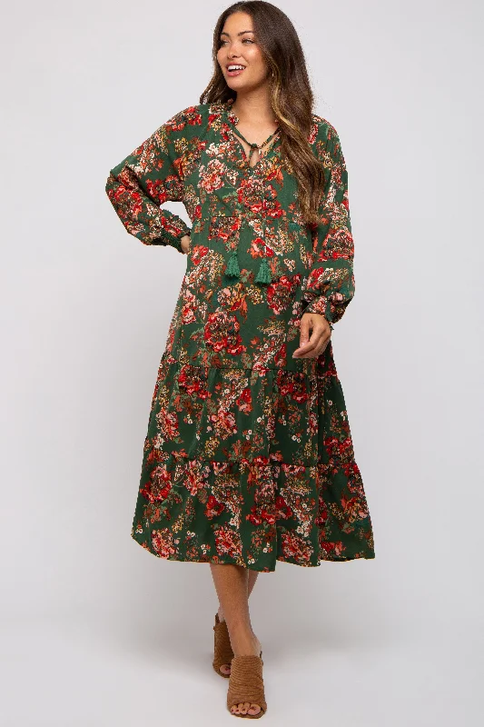 "Smart casual dresses for women for work - to - weekend transitions"Forest Green Floral Ruffle Neck Tiered Maternity Midi Dress "Smart casual dresses for women for work - to - weekend transitions"Forest Green Floral Ruffle Neck Tiered Maternity Midi Dress