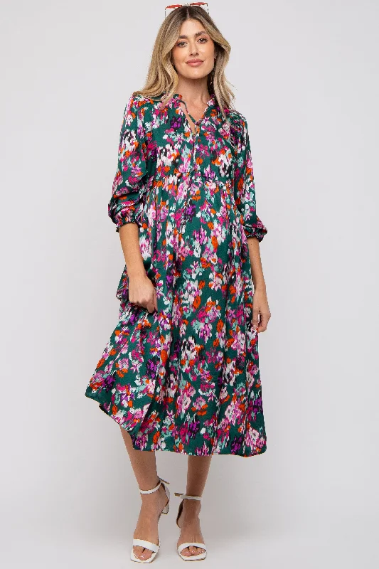 "A - line dresses for women to flatter the figure"Forest Green Floral Satin Ruffle Neck Maternity Midi Dress "A - line dresses for women to flatter the figure"Forest Green Floral Satin Ruffle Neck Maternity Midi Dress