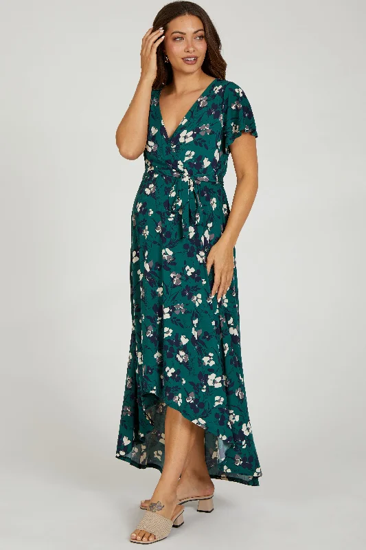 "Mother of the groom dresses for women in sophisticated designs"Forest Green Floral Wrap Front V-Neck Hi-Low Maternity Midi Dress "Mother of the groom dresses for women in sophisticated designs"Forest Green Floral Wrap Front V-Neck Hi-Low Maternity Midi Dress