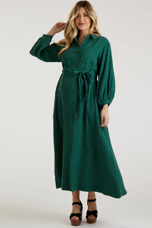 "Smart casual dresses for women for work - to - weekend transitions"Forest Green Gauze Belted Shirt Maternity Midi Dress "Smart casual dresses for women for work - to - weekend transitions"Forest Green Gauze Belted Shirt Maternity Midi Dress