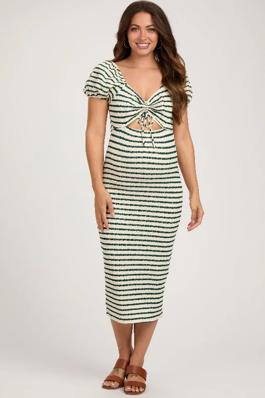 "Shirt dresses for women for a smart - casual style"Forest Green Striped Drawstring Ruched Front Maternity Midi Dress "Shirt dresses for women for a smart - casual style"Forest Green Striped Drawstring Ruched Front Maternity Midi Dress