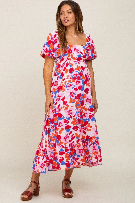 "Denim dresses for women for a casual and cool style"Fuchsia Floral Square Neck Short Puff Sleeve Maternity Midi Dress "Denim dresses for women for a casual and cool style"Fuchsia Floral Square Neck Short Puff Sleeve Maternity Midi Dress