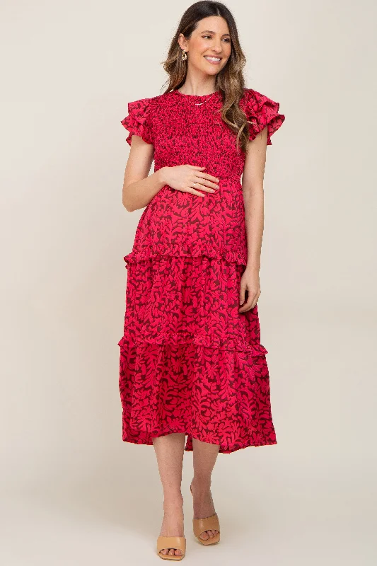 "Exclusive Discount: 30% Off All Women's Dresses for a Limited Period"Fuchsia Print Smocked Ruffle Tiered Maternity Midi Dress "Exclusive Discount: 30% Off All Women's Dresses for a Limited Period"Fuchsia Print Smocked Ruffle Tiered Maternity Midi Dress