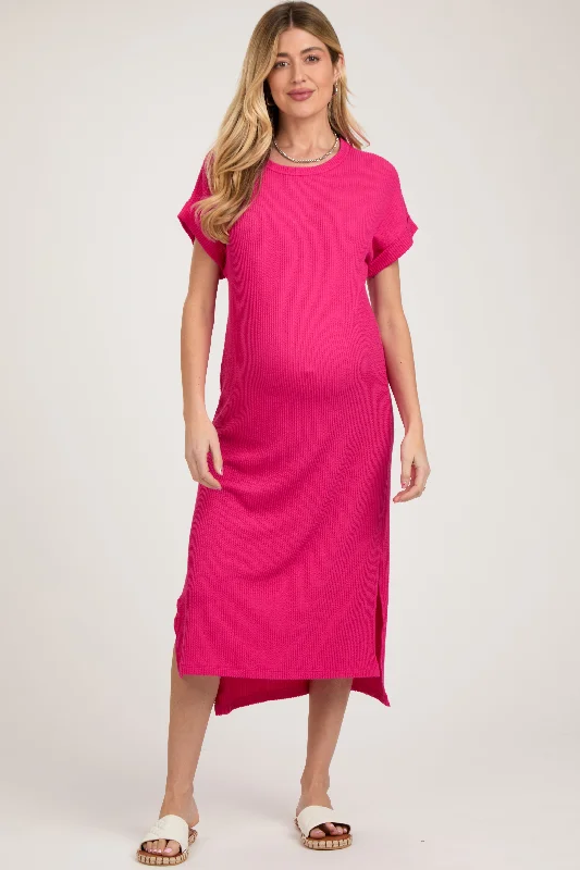 "Chiffon dresses for women with a flowy and light feel"Fuchsia Ribbed Short Sleeve Maternity Midi Dress "Chiffon dresses for women with a flowy and light feel"Fuchsia Ribbed Short Sleeve Maternity Midi Dress
