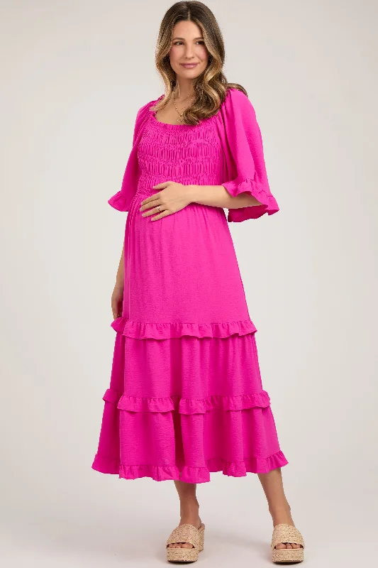 "Sleeveless dresses for women during hot summer days"Fuchsia Smocked Ruffle Tiered Maternity Midi Dress "Sleeveless dresses for women during hot summer days"Fuchsia Smocked Ruffle Tiered Maternity Midi Dress