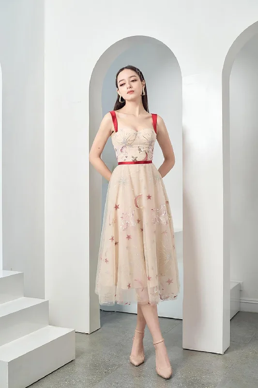 "Sustainable and eco - friendly women's dresses"Genoveva Fit and Flare Semi-Heart Neck Mesh Sheer Midi Dress