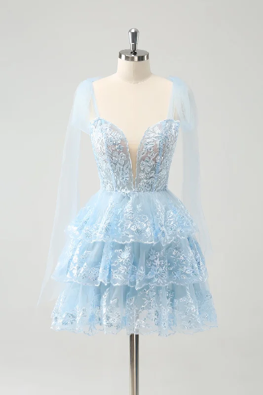 "Ruffled dresses for women for added femininity"Glitter Blue V Neck A-Line Tiered Embroidery Short Prom Dress "Ruffled dresses for women for added femininity"Glitter Blue V Neck A-Line Tiered Embroidery Short Prom Dress