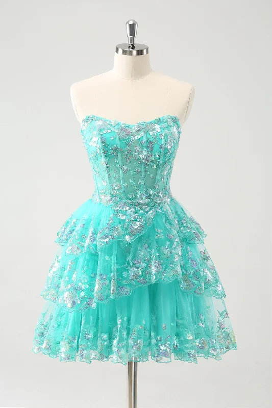 "T - shirt dresses for women for ultimate comfort"Glitter Green A-Line Sequined Tiered Strapless Short Prom Dress "T - shirt dresses for women for ultimate comfort"Glitter Green A-Line Sequined Tiered Strapless Short Prom Dress