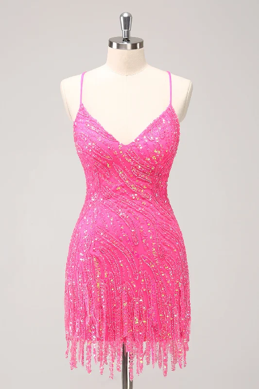 "Chiffon dresses for women with a flowy and light feel"Glitter Hot Pink Spaghetti Straps Sequined Party Dress with Tassels "Chiffon dresses for women with a flowy and light feel"Glitter Hot Pink Spaghetti Straps Sequined Party Dress with Tassels