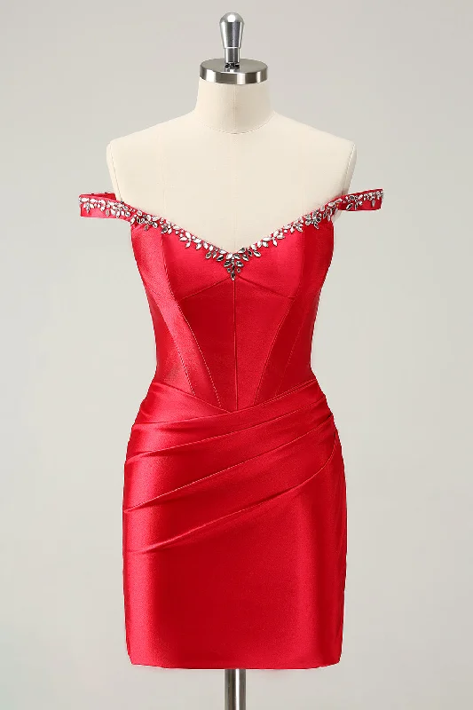 "Lace dresses for women for a romantic and elegant look"Glitter Red Tight Off-the-Shoulder Beaded Short Prom Dress "Lace dresses for women for a romantic and elegant look"Glitter Red Tight Off-the-Shoulder Beaded Short Prom Dress