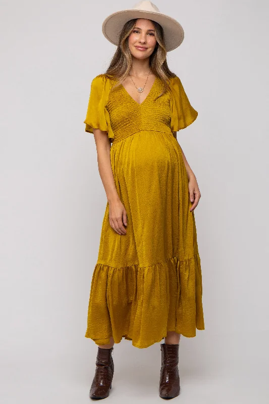 "Bodycon dresses for women to show off curves"Gold Satin Smocked Maternity Midi Dress "Bodycon dresses for women to show off curves"Gold Satin Smocked Maternity Midi Dress