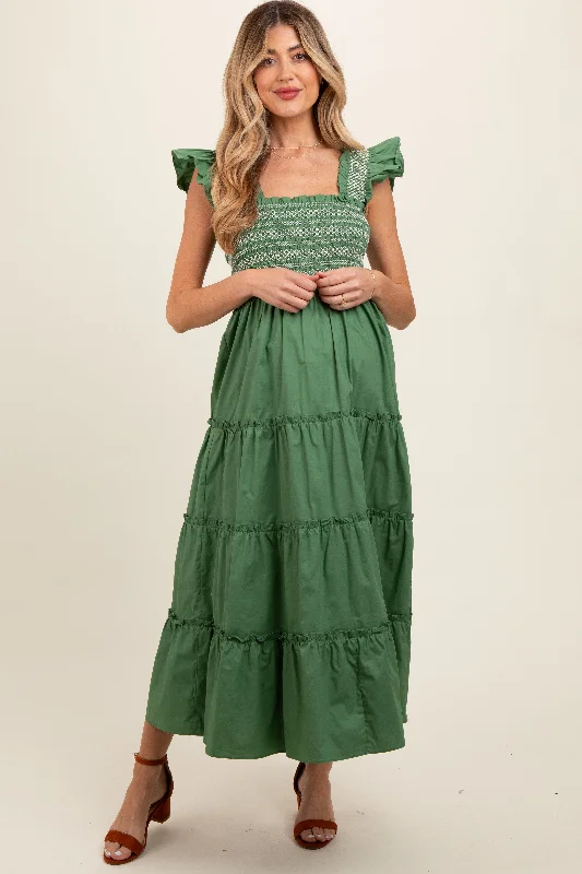 "Seasonal Sale: Save Big on Women's Dresses for Every Occasion"Green Embroidered Smocked Maternity Midi Dress