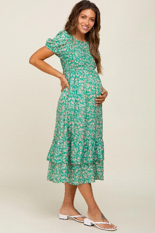 "Bodycon dresses for women to show off curves"Green Floral Smocked Layered Maternity Midi Dress "Bodycon dresses for women to show off curves"Green Floral Smocked Layered Maternity Midi Dress