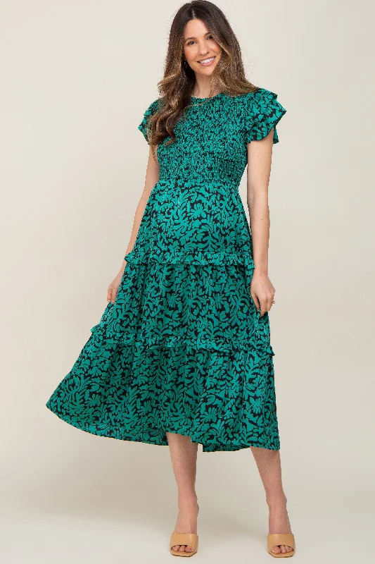 "Buy One, Get One 50% Off on Women's Dresses - Don't Miss Out!"Green Print Smocked Ruffle Tiered Maternity Midi Dress "Buy One, Get One 50% Off on Women's Dresses - Don't Miss Out!"Green Print Smocked Ruffle Tiered Maternity Midi Dress