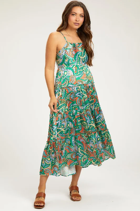 "Polka dot dresses for women with a retro vibe"Green Satin Square Neck Ruffle Tiered Maternity Midi Dress "Polka dot dresses for women with a retro vibe"Green Satin Square Neck Ruffle Tiered Maternity Midi Dress