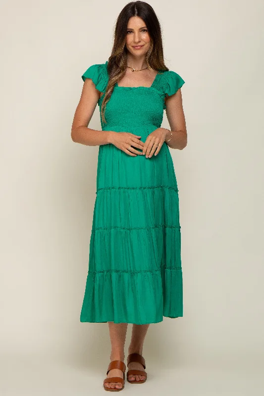"Boho wedding dresses for women for a free - spirited vibe"Green Satin Square Ruffle Neck Smocked Sleeveless Maternity Midi Dress "Boho wedding dresses for women for a free - spirited vibe"Green Satin Square Ruffle Neck Smocked Sleeveless Maternity Midi Dress