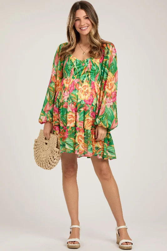 "Mother of the bride dresses for women in elegant styles"Green Tropical Floral Smocked V-Neck Maternity Midi Dress "Mother of the bride dresses for women in elegant styles"Green Tropical Floral Smocked V-Neck Maternity Midi Dress