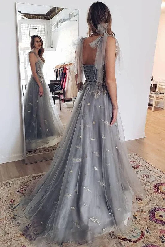 "Homecoming dresses for women to stand out"Grey Tulle Appliques Long Prom dress Formal Dress With Lace Up PSK301 "Homecoming dresses for women to stand out"Grey Tulle Appliques Long Prom dress Formal Dress With Lace Up PSK301