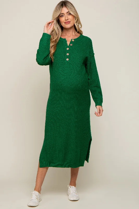 "Striped dresses for women with a classic touch"Hunter Green Waffle Knit Button Long Sleeve Maternity Midi Dress "Striped dresses for women with a classic touch"Hunter Green Waffle Knit Button Long Sleeve Maternity Midi Dress