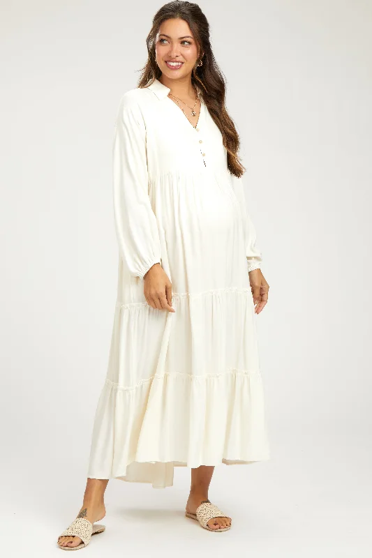 "Plus size formal dresses for women for special events"Ivory Button Front V-Neck Ruffle Tiered Maternity Midi Dress "Plus size formal dresses for women for special events"Ivory Button Front V-Neck Ruffle Tiered Maternity Midi Dress