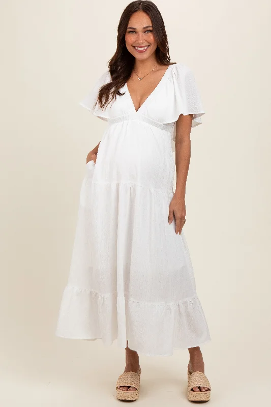 "Bundle and Save: Buy Multiple Women's Dresses and Get a Discount"Ivory Deep V-Neck Flutter Sleeve Tiered Maternity Midi Dress "Bundle and Save: Buy Multiple Women's Dresses and Get a Discount"Ivory Deep V-Neck Flutter Sleeve Tiered Maternity Midi Dress