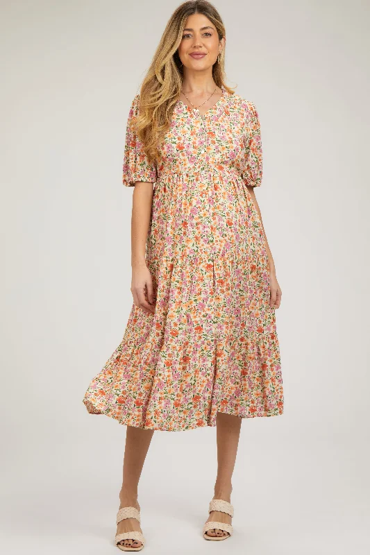 "Beaded dresses for women for a glamorous look"Ivory Floral Button Front Ruffle Hem Maternity Midi Dress "Beaded dresses for women for a glamorous look"Ivory Floral Button Front Ruffle Hem Maternity Midi Dress