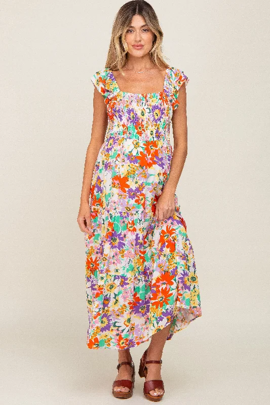 "Chiffon dresses for women with a flowy and light feel"Ivory Floral Ruffle Strap Smocked Maternity Midi Dress "Chiffon dresses for women with a flowy and light feel"Ivory Floral Ruffle Strap Smocked Maternity Midi Dress