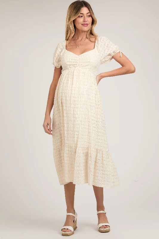 "Mother of the groom dresses for women in sophisticated designs"Ivory Textured Plaid Puff Short Sleeve Maternity Midi Dress "Mother of the groom dresses for women in sophisticated designs"Ivory Textured Plaid Puff Short Sleeve Maternity Midi Dress