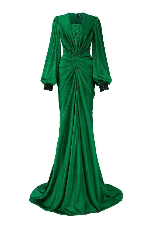 "Polka dot dresses for women with a retro vibe"Jazmine Gathered Bouffant Sleeved Silk Lace Extra Long Length Dress "Polka dot dresses for women with a retro vibe"Jazmine Gathered Bouffant Sleeved Silk Lace Extra Long Length Dress