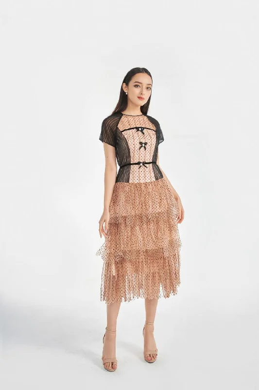 "Chiffon dresses for women with a flowy and light feel"Jena Layered Round Neck Mesh Sheer Midi Dress