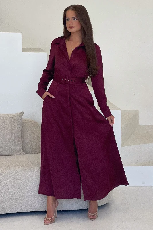 "Designer - inspired women's evening dresses"Kira Wrap Detail Mxi Shirt Dress Wine