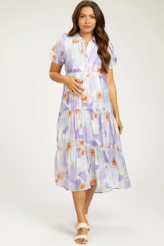 "Animal print dresses for women who love bold styles"Lavender Floral Button Front Short Sleeve Tiered Maternity Midi Dress "Animal print dresses for women who love bold styles"Lavender Floral Button Front Short Sleeve Tiered Maternity Midi Dress