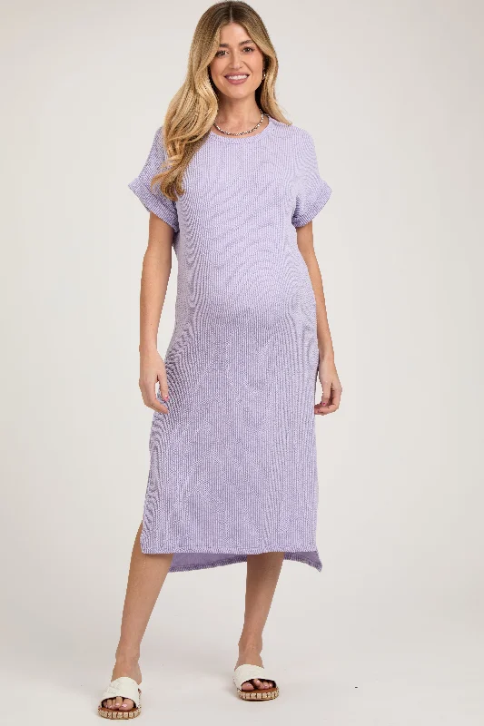 "Pleated dresses for women with a graceful movement"Lavender Ribbed Short Sleeve Maternity Midi Dress "Pleated dresses for women with a graceful movement"Lavender Ribbed Short Sleeve Maternity Midi Dress