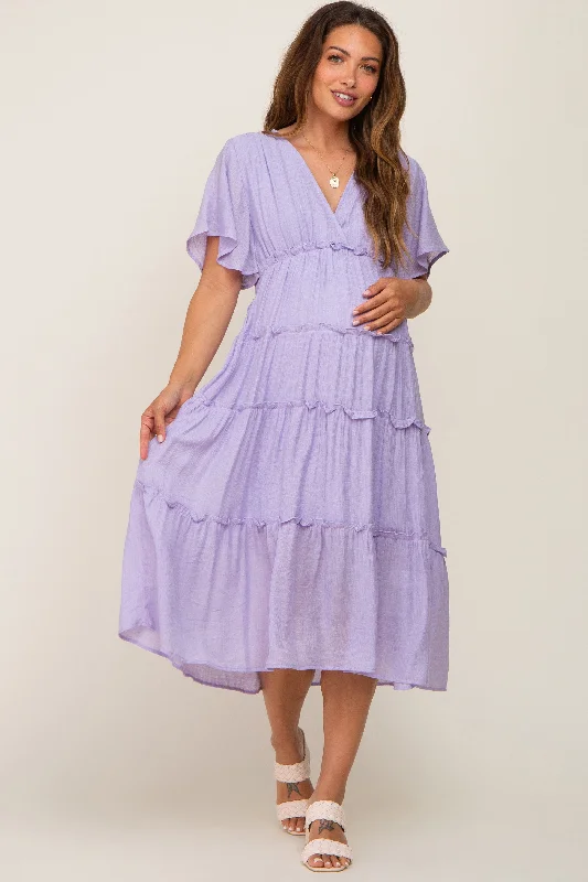"A - line dresses for women to flatter the figure"Lavender Ruffle Tiered V-Neck Maternity Midi Dress "A - line dresses for women to flatter the figure"Lavender Ruffle Tiered V-Neck Maternity Midi Dress