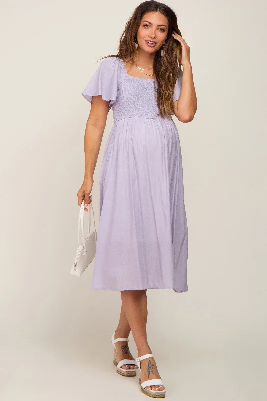 "T - shirt dresses for women for ultimate comfort"Lavender Smocked Square Neck Flutter Short Sleeve Maternity Midi Dress "T - shirt dresses for women for ultimate comfort"Lavender Smocked Square Neck Flutter Short Sleeve Maternity Midi Dress