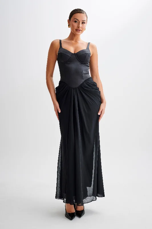 "Denim dresses for women for a casual and cool style"Leila Satin Corset Maxi Dress - Black "Denim dresses for women for a casual and cool style"Leila Satin Corset Maxi Dress - Black