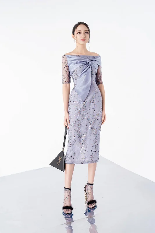 "Boho wedding dresses for women for a free - spirited vibe"Leslie Pencil Off-Shoulder Sequin Midi Dress "Boho wedding dresses for women for a free - spirited vibe"Leslie Pencil Off-Shoulder Sequin Midi Dress