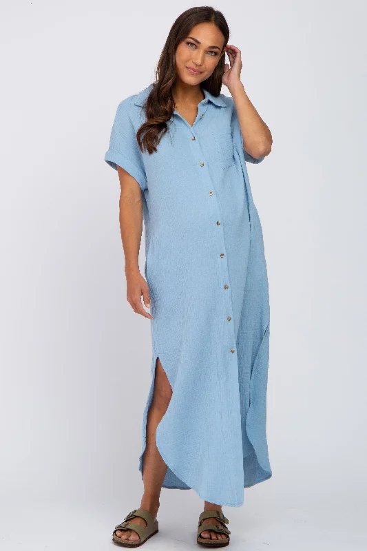 "Floral print dresses for women for a feminine look"Light Blue Button Down Maternity Midi Dress "Floral print dresses for women for a feminine look"Light Blue Button Down Maternity Midi Dress