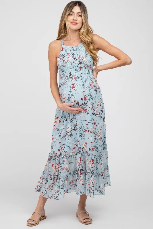 "Shirt dresses for women for a smart - casual style"Light Blue Floral Chiffon Smocked Maternity Midi Dress "Shirt dresses for women for a smart - casual style"Light Blue Floral Chiffon Smocked Maternity Midi Dress