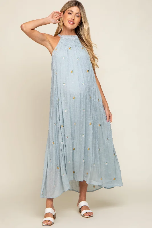 "New Arrivals Discount: 20% Off on Latest Women's Dress Collections"Light Blue Floral Embroidered Smocked Halter Maternity Midi Dress "New Arrivals Discount: 20% Off on Latest Women's Dress Collections"Light Blue Floral Embroidered Smocked Halter Maternity Midi Dress