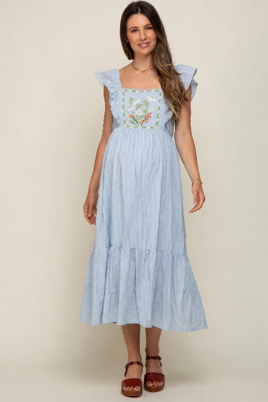 "Red dresses for women to make a bold statement"Light Blue Floral Embroidered Tie Back Maternity Midi Dress "Red dresses for women to make a bold statement"Light Blue Floral Embroidered Tie Back Maternity Midi Dress