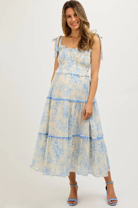 "Comfortable maternity dresses for pregnant women"Light Blue Floral Sleeveless Ruffle Tiered Maternity Midi Dress "Comfortable maternity dresses for pregnant women"Light Blue Floral Sleeveless Ruffle Tiered Maternity Midi Dress