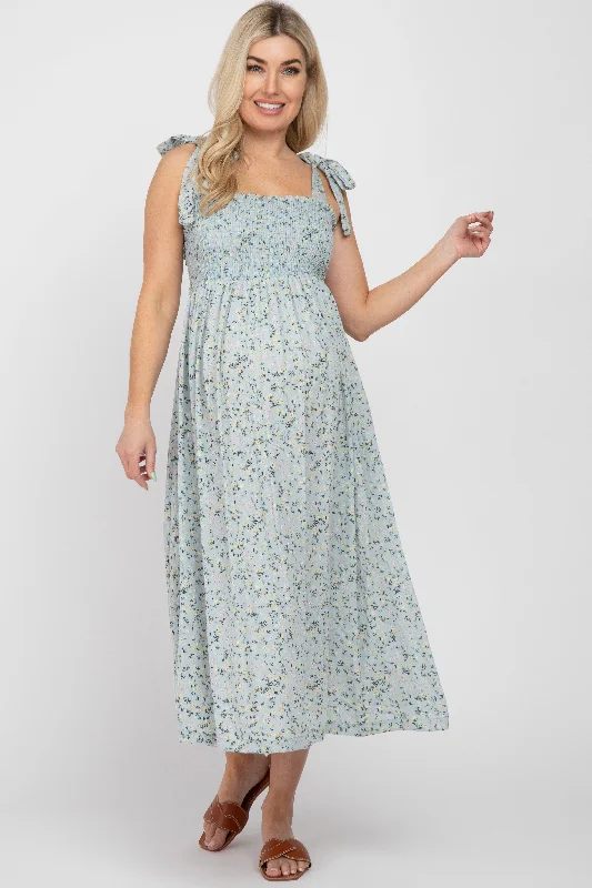 "Satin dresses for women for a luxurious appearance"Light Blue Floral Smocked Tie Strap Maternity Midi Dress "Satin dresses for women for a luxurious appearance"Light Blue Floral Smocked Tie Strap Maternity Midi Dress
