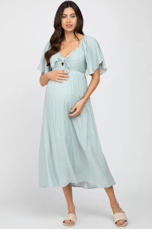 "Pleated dresses for women with a graceful movement"Light Blue Front Tie Ruffle Sleeve Maternity Midi Dress "Pleated dresses for women with a graceful movement"Light Blue Front Tie Ruffle Sleeve Maternity Midi Dress